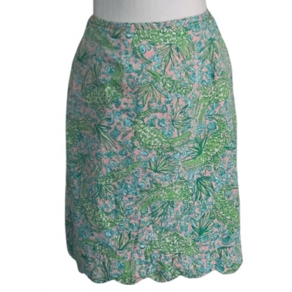 Alligators!!! Lilly Pulitzer Green & Pink Pencil Skirt Cotton Sz 8 Animal Boho
